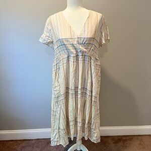 Madewell Midi Dress Linen Blend Plaid Sleeve Pastel Beachy Clara White Pink MP
